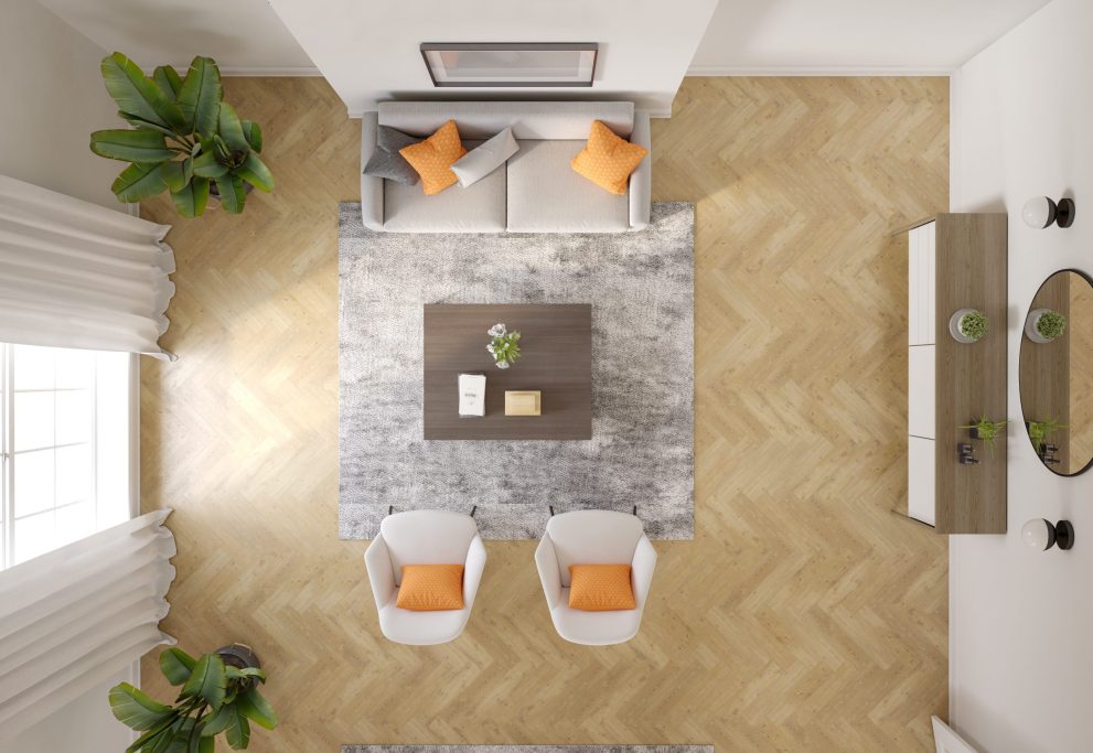 Minimalist Interior of modern living room top view 3D rendering small room design ideas